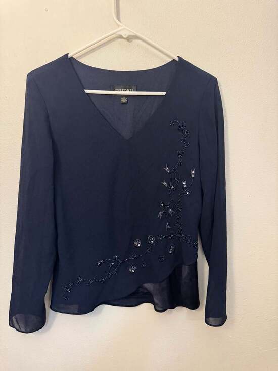 Studio I Tops - Studio I Vintage Navy Blue Beaded and Sequined V-Neck Chiffon Blouse